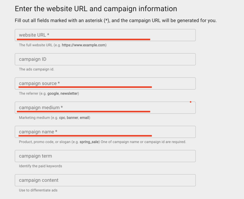 Campaign Sourceには、utm_sourceを入力します。 Campaign Mediumには、utm_mediumを入力します。 Campaign Nameには、utm_campaignを入力します。